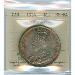 1936 $1 ICCS MS64.  Near gem looking coin, with rosy to gold