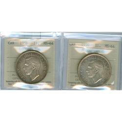 1950 & 1951 $1 ICCS MS64.  Lot of 2 toned coins.