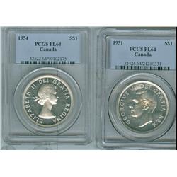1951 & 1954 $1 PCGS PL64.  Lot of two coins blast white.