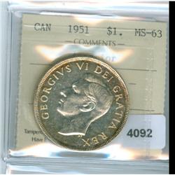 1951 $1 Arnprior. ICCS MS63. Brilliant, with traces of golde