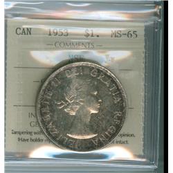 1953 $1 NSF ICCS MS65.  Gem toning.