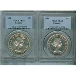 1954 $1 PL65 & 1955 PL62 $1.  Lot of 2 coins both PCGS grade
