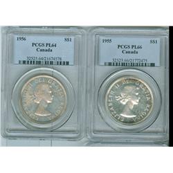 1955 $1 PL66 & 1956 PL64.  Lot of two coins both PCGS graded