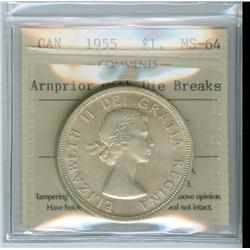 1955 $1 Arnprior w/DB ICCS MS64.  Lustrous white issue.
