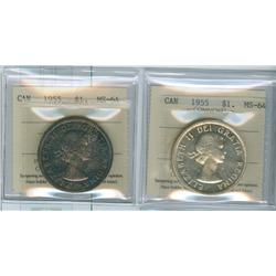 1955 $1 ICCS MS64.  Lot of 2 coins, one toned and the othe b