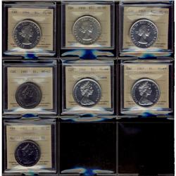 1958-1983 $1.  Lot of seven ICCS dollars, includes 1958 MS60