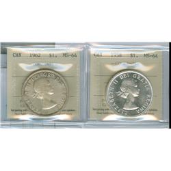 1958 & 1962 $1. Lot of two coins both ICCS MS64.