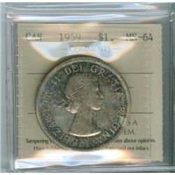 1959 $1 ICCS MS64. Speckled reddish blue tone.