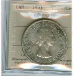 1961 $1 ICCS MS64. Scattered golden brown tone.