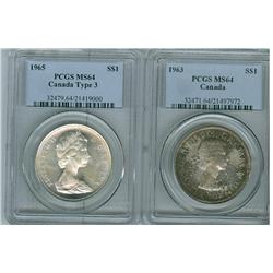 1963 & 1965 Type 3 $1 PCGS MS64.  Lot of 2 coins, one white