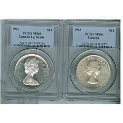 1963 & 1966 $1 PCGS MS64.  Lot of 2 coins both white in colo