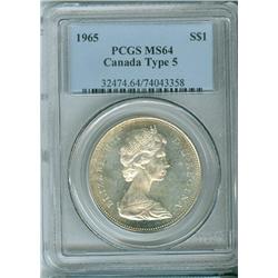 1965 $1 Type 5 PCGS MS64. Very light golden tint.