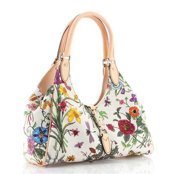 Gucci Neutral Print Canvas Flora Joy Bardot Medium Hobo Bag