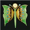 Image 2 : Vintage 14k Gold Green Yellow Brown Enamel Round Turquoise Butterfly Brooch Pin