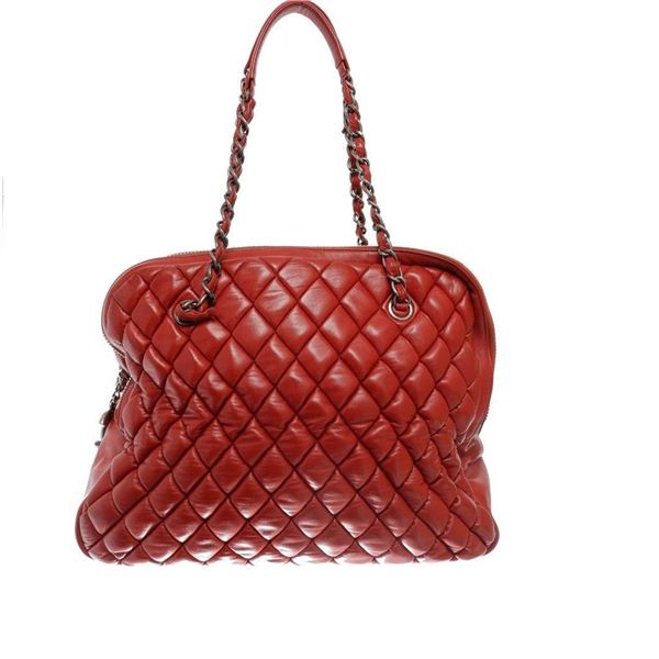 Chanel Red Quilted Lambskin Leather Mademoiselle Bowling Bag