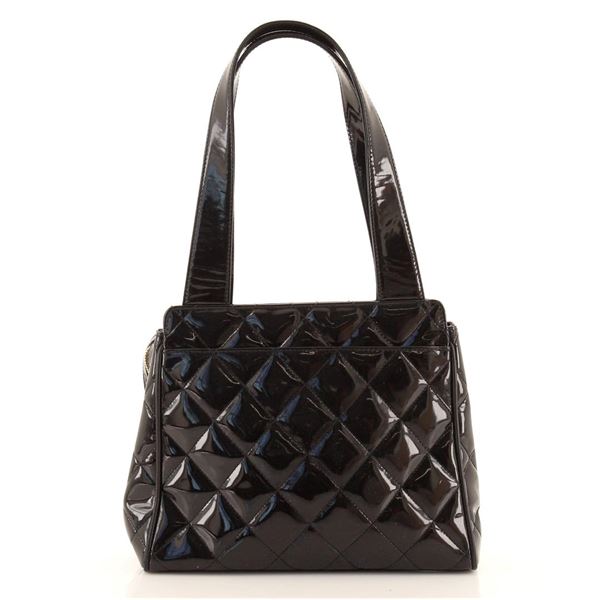 Chanel Vintage Black Quilted Patent Slit Pocket Small Shoulder Bag