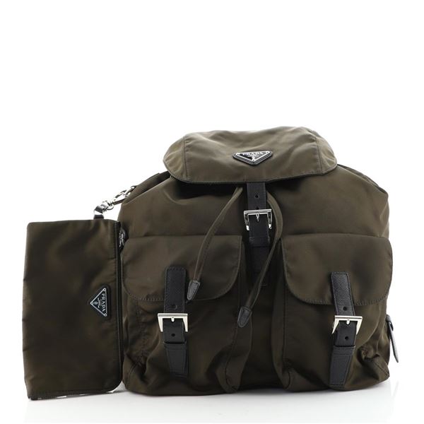 Prada Green Tessuto Saffiano Vela Double Front Pocket Medium Backpack