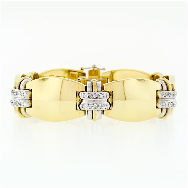 Estate 6.5" 18K Two Tone Gold .60 ctw Diamond & Wide Puffed Polished Link Bracel
