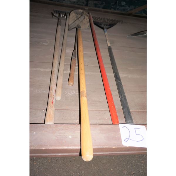 2 Rakes, Shovel, Hoe etc