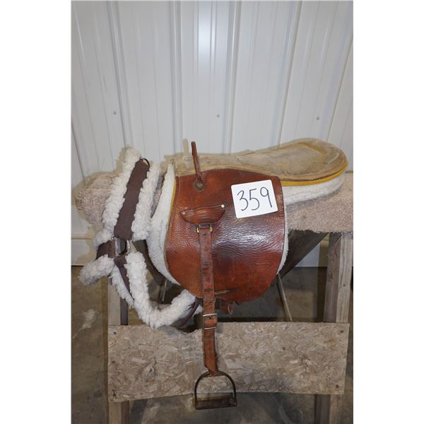 Saddle - English Exercise Saddle with white fleece breast collar and English saddle pad.