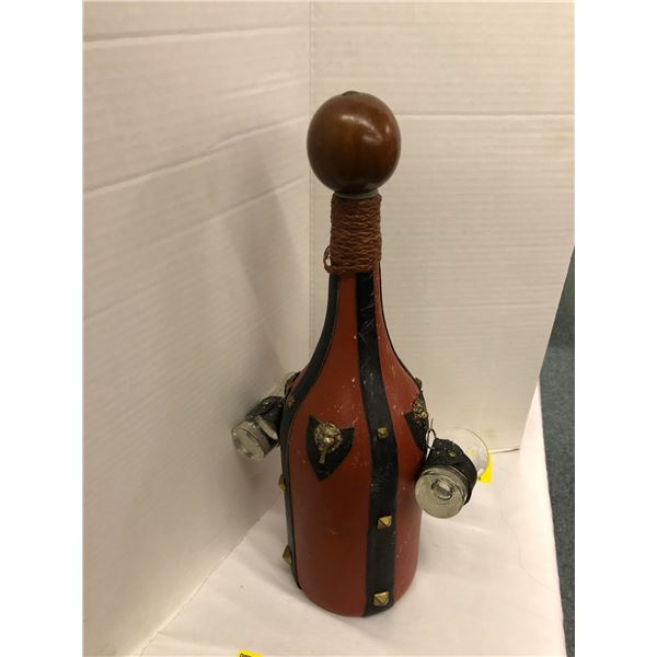 Vintage Leather & Wood Bottle with two shot glasses