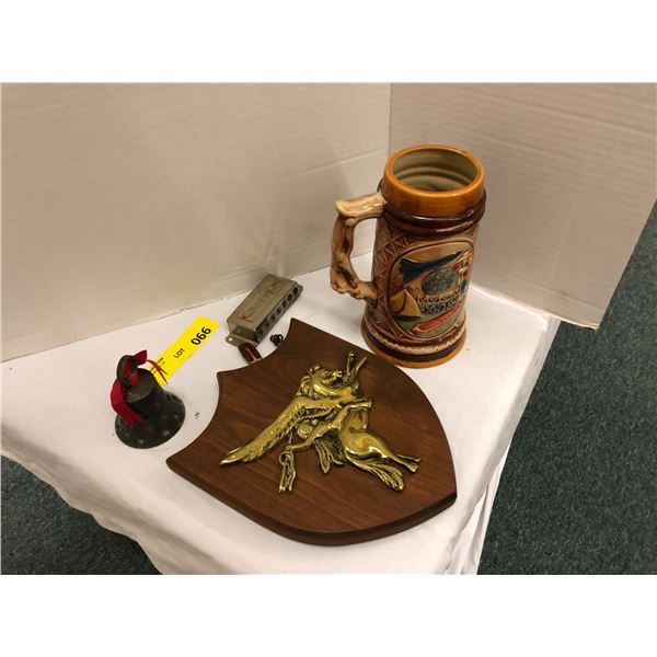 Collection of Expo 86 Beer Stein, Brass Bell, Pins & Crest