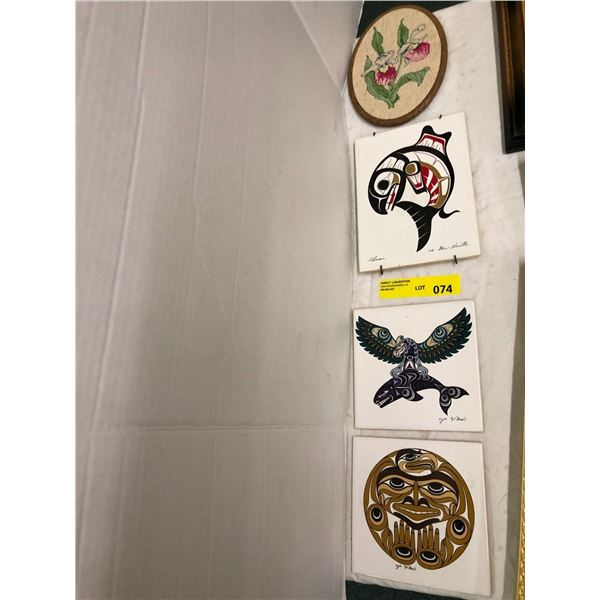 Three Painted Native Tiles and Needlepoint - Tiles by Joe Wilson & Ben Houstie