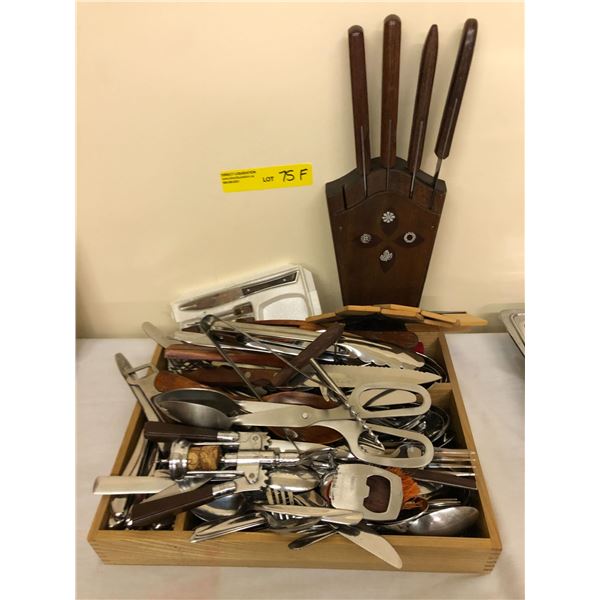 Misc. Collection of utensils & vintage knife block