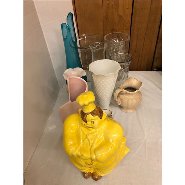 Collection of Glassware- including large cookie jar and some Art Deco Vases
