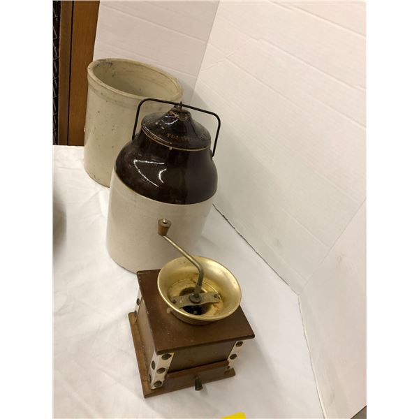 Collection of Antique Coffee Grinder, Milk Jug & Pottery