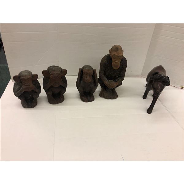 Carved African Monkeys & Waterbuffalo (tallest 9in tall)
