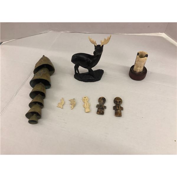 Antique Brass Camel Bell and Bone Carvings