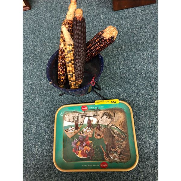 Vintage Coca-Cola Tray/ Campfire Pot & Preserved Indian Corn