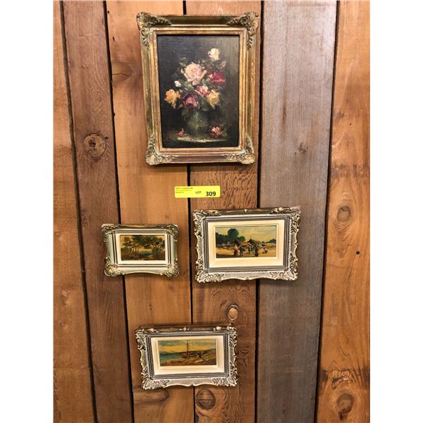 Set of Four Small Paintings with Elaborate Frames and one Japanese Embroidery - largest is 14in x 22