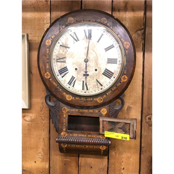 Vintage Clock with elaborate woodwork - approx. 17in x 4in x 27in - wood has some cracking from age