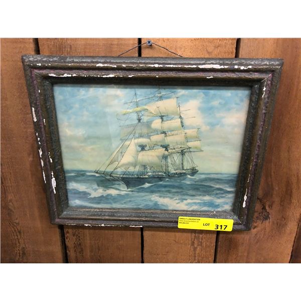 Sailing Ship print in rustic frame - approx. 15in x 12in