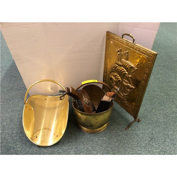 Group of vintage Fireplace Items - Large Brass Pot, Blower, Matches, Wood Holder and Ship Fireplace