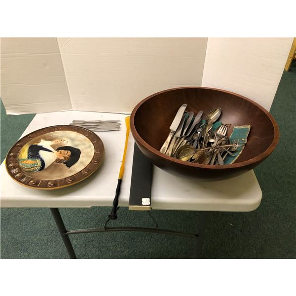 Group of Silverware, Collectible Plate, CP Air Cutlery, and Wood Bowl/Plate