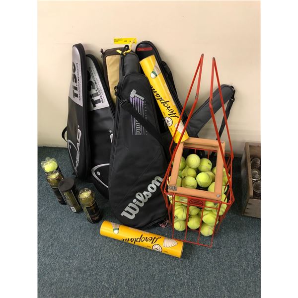 Group Lot of Tennis Racks & Balls and other sporting good items