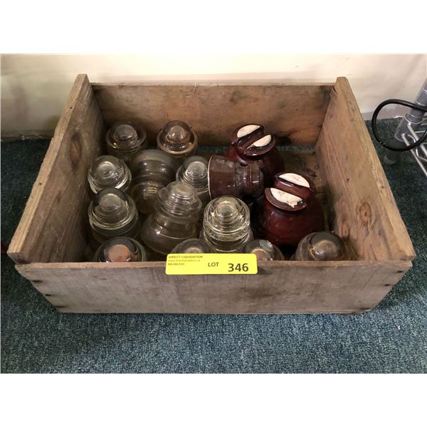 Vintage Wood Box with Glass & Pottery Insulators from 1914