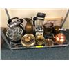 Image 1 : Shelf Lot of Vintage Appliances, Brass and copper pieces