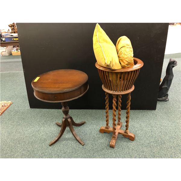 Antique Round Occasional Table with glass top and  Barley Twist Fern Stand with two vintage throw pi