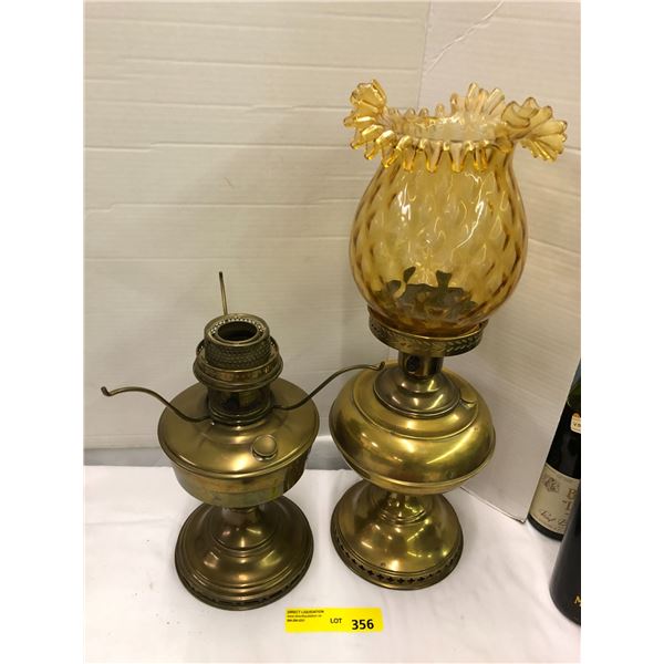 Two Vintage Brass Lamps - one with ornate glass shade