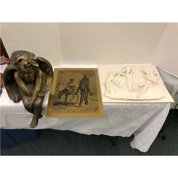 Group Of Brass Etchings, Porcelain 3D of Naked Women & Painted Cast Cupid