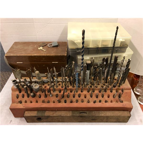 Group lot of Misc.  Drill bits, boxes with screws and parts plus  Antique Level .