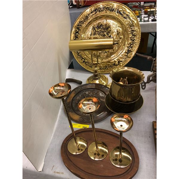 Collection of Brass Bankers Light, Pots, Candle Holders and Plates