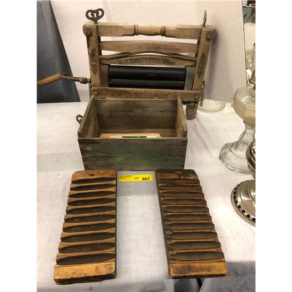 Collection of Antique Clothing Wringer , Vintage Box and Cigar Forming Mold