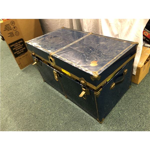 Large Blue Metal Steamer Trunk - approx. 36in x 19 1/2in x 20in (contents not included)