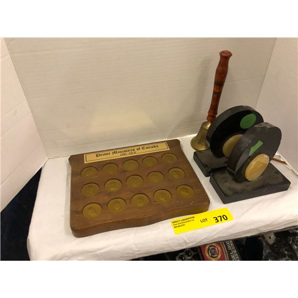 Prime Ministers of Canada Collectible Coin Set 1867 - 1970, Vintage Bell plus book ends