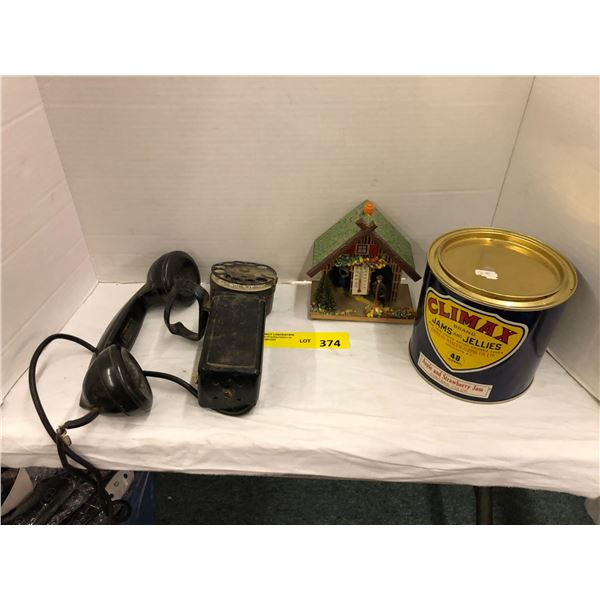 Vintage Telephone, Old Climax Jams & Jellies Can, and Vintage Thermometer